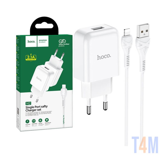 Conjunto Cargador Hoco N2 Vigor (EU) con Cable USB a iPhone 1m Blanco